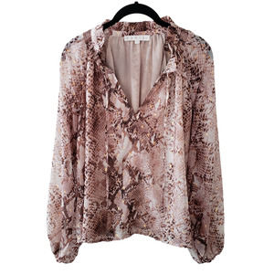 Karlie Long Sleeve Ruffled Tie Neck Snake Print Semi-Sheer Top, Brown/Gold, Sz S